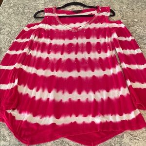 Fontana - Hot Pink and White Tie-Dye Cold Shoulder Long Sleeve Sweater Top